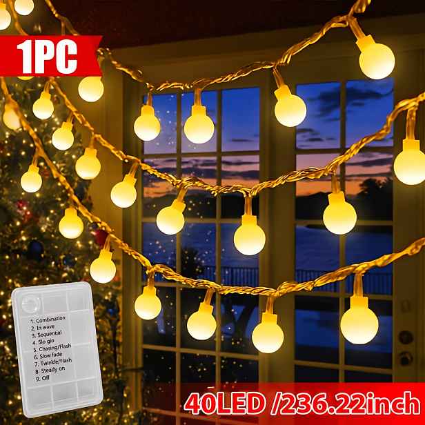 TEMU 600cm 40LED Kulovitá Pohádková Řetězová Světla - Na Baterie, Vnitřní DIY Sváteční Pohádkový Řetěz, Podzimní a Zimní Domácí Dekorace, Vánoční