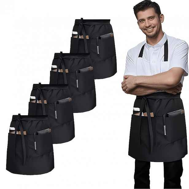 TEMU 4 ks Černé servírovací zástěry s nastavitelným krkem a pasem - Odolný polyester, střední délka s 3 kapsami, ideální pro personál restaurací,