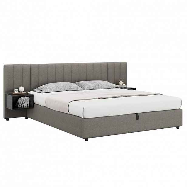 OKWISH ČALOUNĚNÁ postel 180/200 cm šedá a černá z lnu s úložným prostorem a 2 nočními stolky