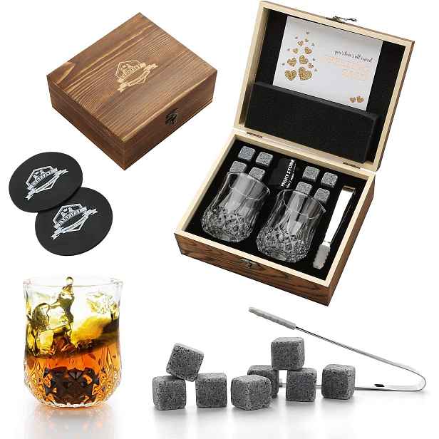 Dárková sada s kameny na whisky (8 kamenů, 2 sklenice)
