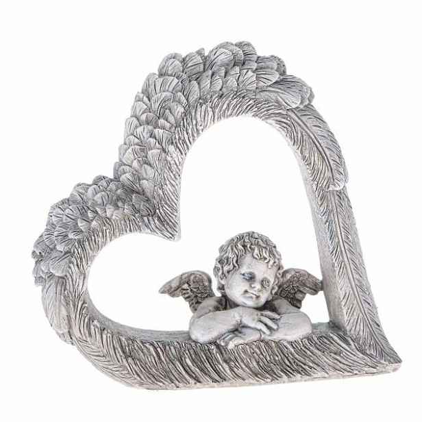 Dekorace srdce s andělem, šedá, polyresin, 14,5 x 13,5 x 4 cm