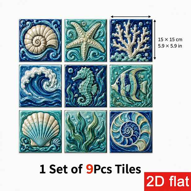 TEMU 2D ploché 9dílné samolepky na dlaždice 15X15 cm (5.9X5.9 palců) Sleek – design inspirovaný oceánem pro kuchyňskou zástěnu, kávový kout, stěnu