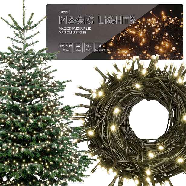 Led světelný řetěz, Světelná Girlanda 50 m, vánoční osvětlení na stromeček 1000 Led, Teplá Bílá