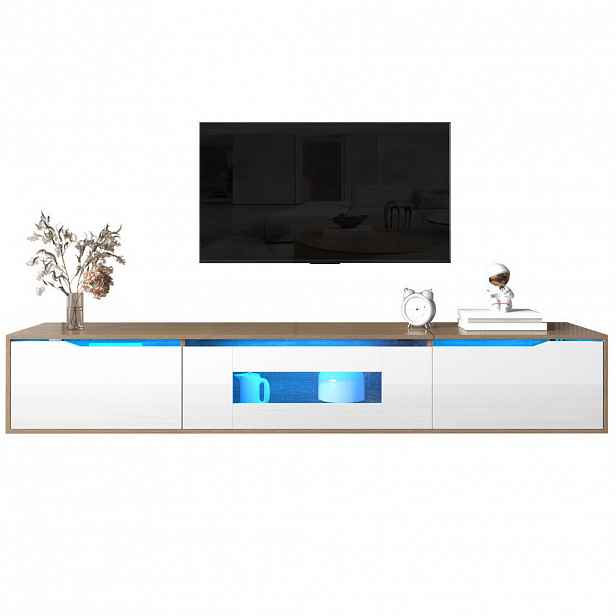 Modfu TV stolek z dřevotřísky 180x35x30 cm bílý a v dekoru dřeva s LED osvětlením, vysokým leskem a drážkovanými dvířky