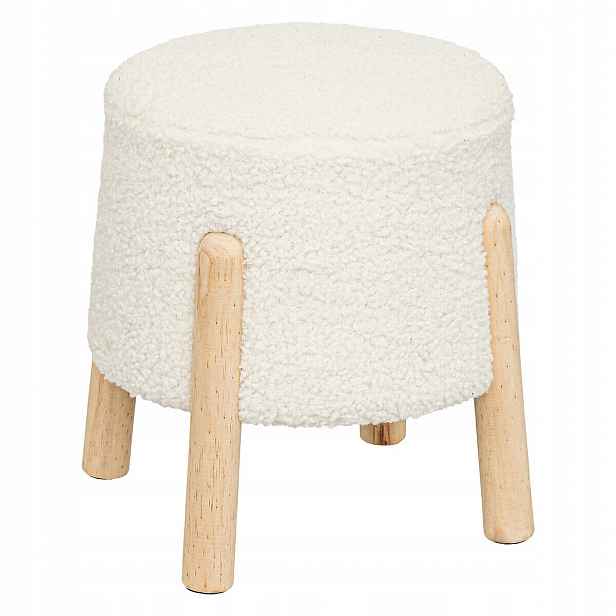 Taburet Z Owczej Wełny Mdf, Biały Boucle, Nogi Sosnowe 41X35X41,5 CM