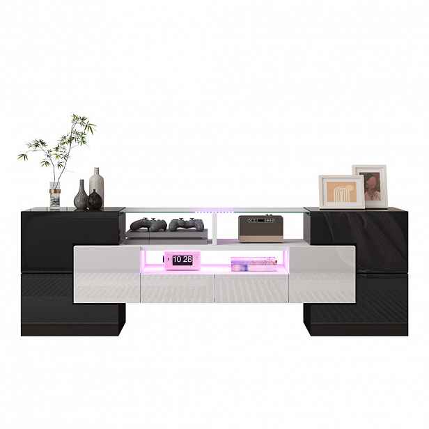 Redom TV stolek 145/30/51 cm s LED osvětlením a velkým úložným prostorem, MDF, Bílá/černá