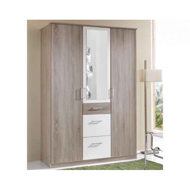 Šatní skříň se zrcadlem Click, 135 cm, dub sonoma/bílá