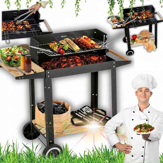 Zahradní Gril Na Uhlí Turistický Chromovaný Rošt Police Kolečka Bbq Premium