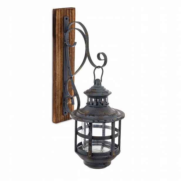 Kovová dřevěná závěsná lampa, skleněná lucerna, retro, boho dekorace