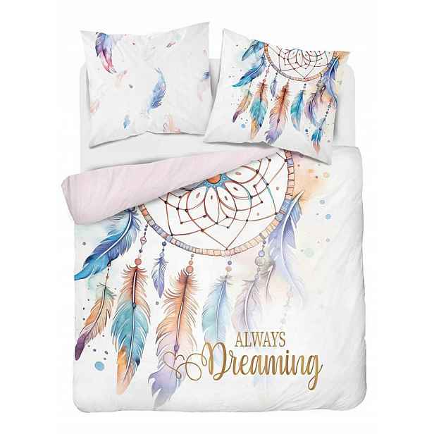Povlečení 220x200 bílé v boho stylu s lapačem snů a peřím