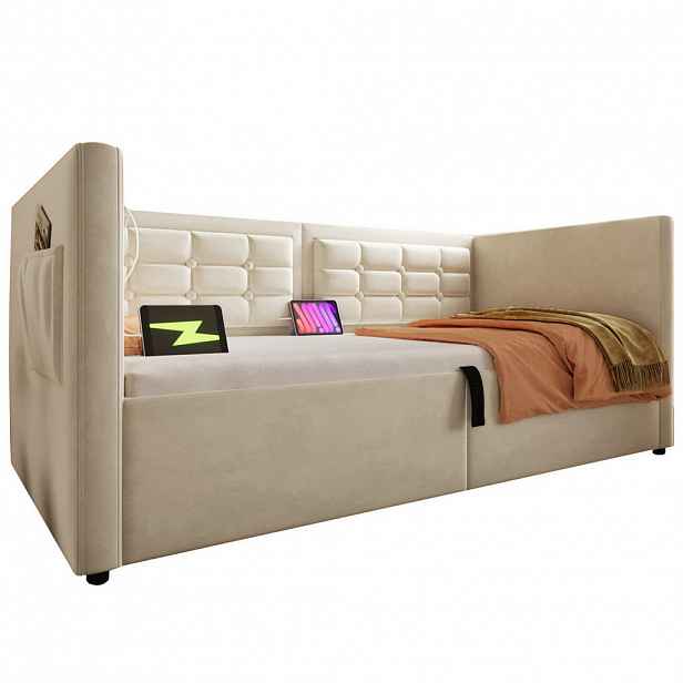 Modfu ČALOUNĚNÁ postel ze sametu 90x200 cm béžová s USB, Type-C a hydraulickým úložným prostorem