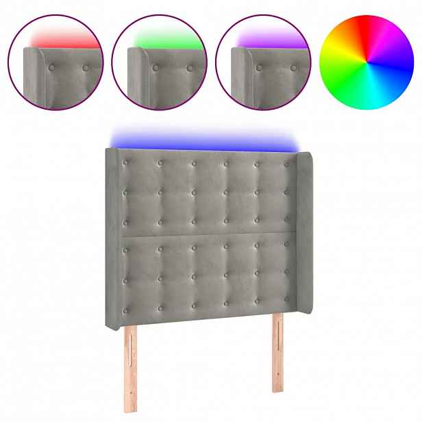vidaXL Čelo postele s LED světle šedé 83 x 16 x 118/128 cm samet