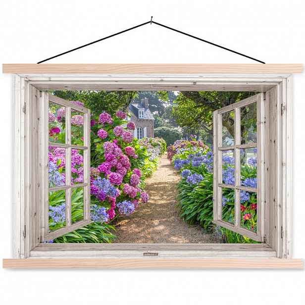 MuchoWow PLAKÁT S MAGNETICKOU LIŠTOU Hortenzie - Průhledné - Květiny - Léto - Fialová - Cesta 90x60 cm
