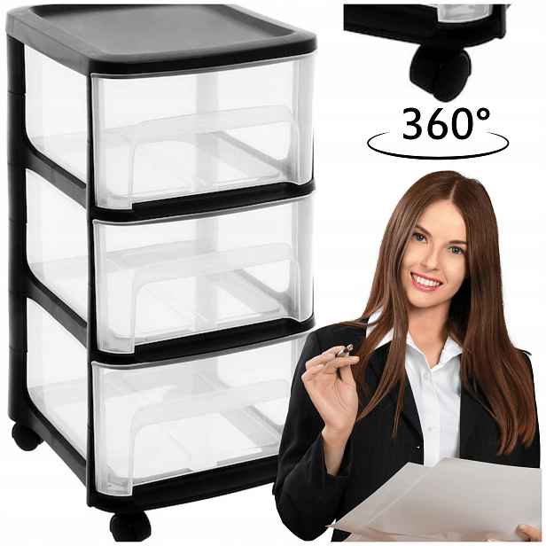 Organizér, Skříňka Na Kolečkách, 3 Zásuvky, Černá, Kompaktní Skladování