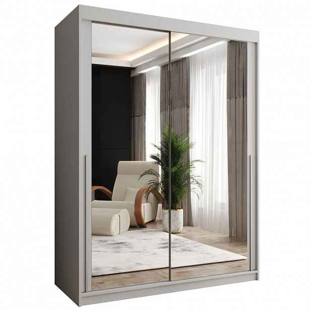 Home Collective ŠATNÍ SKŘÍŇ S POSUVNÝMI DVEŘMI se zrcadlem, šířka 150 cm, bílá se stříbrným madlem