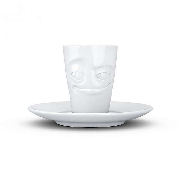 Bílý usměvavý porcelánový hrneček na espresso s podšálkem 58products, objem 80 ml