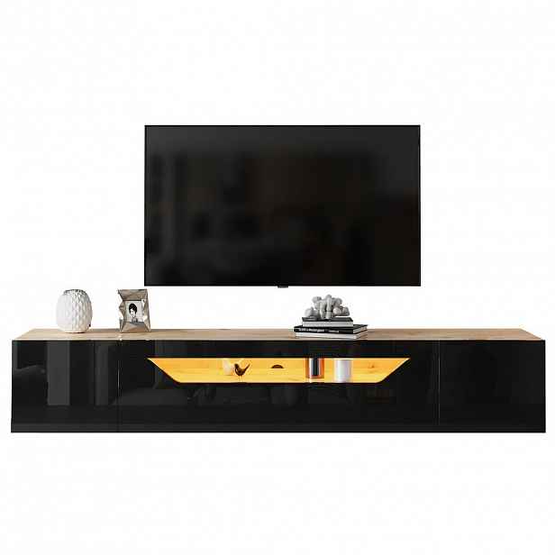 Redom ZÁVĚSNÝ TV stolek 180/37/36 cm s LED osvětlením, vysokým leskem a víceúrovňovým úložištěm, Černá + přírodní dřevo