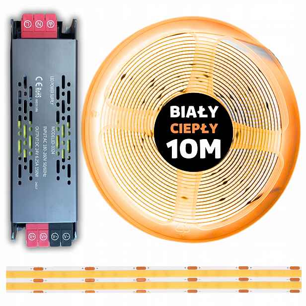 Set 10M Led pásek Cob 480 diod 3000K bílý teplý 24V 10W s napájecím zdrojem
