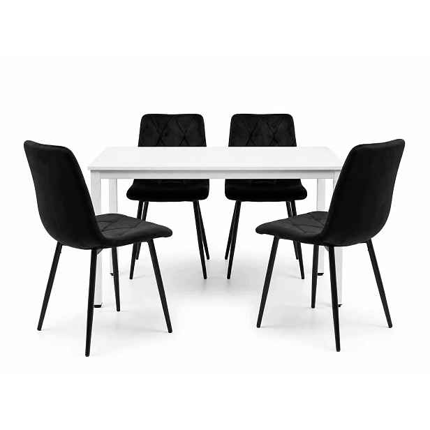 Jídelní set stůl 120x60 cm v loftovém stylu, bílý 4 čalouněné židle, černé