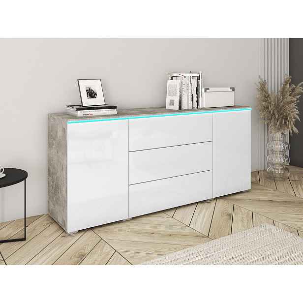 Kombinovaná komoda s RGB LED osvětlením AKASURI - beton / lesklá bílá