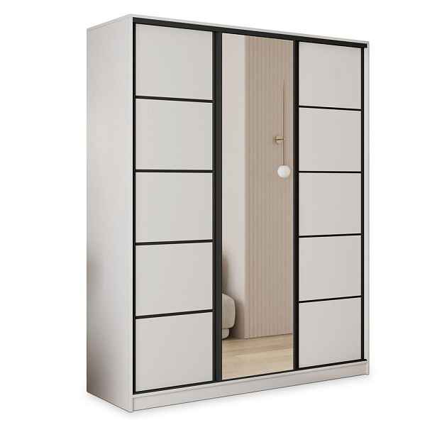 MASSENO ŠATNÍ SKŘÍŇ S POSUVNÝMI DVEŘMI PINA, 150/205/58 cm 3dveřová se zrcadlem a zásuvkami, bílá