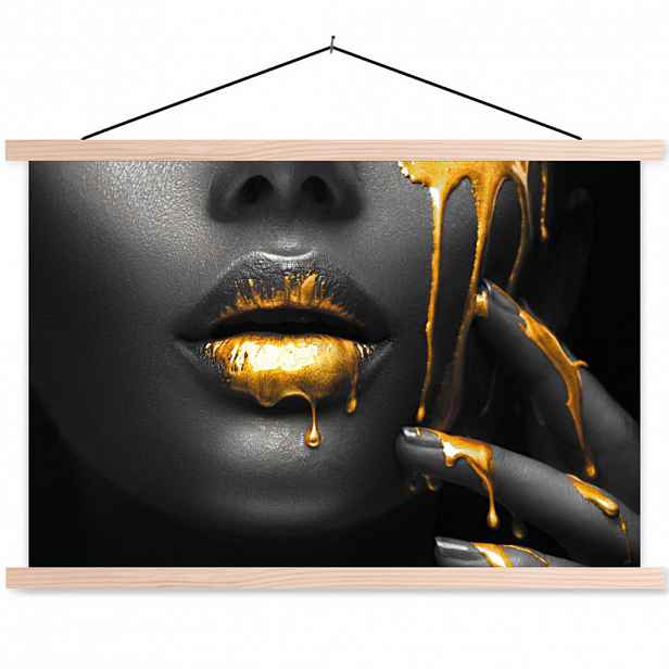 MuchoWow PLAKÁT S MAGNETICKOU LIŠTOU Žena - černá - zlatá - obličej - rty 90x60 cm