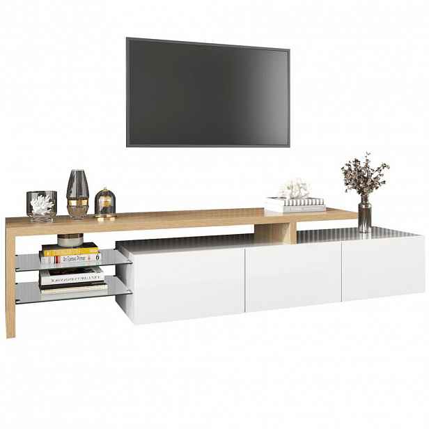 Redom TV stolek 197,5/39/42 cm s LED osvětlením, skleněnými policemi a úložným prostorem, Přírodní, bílá