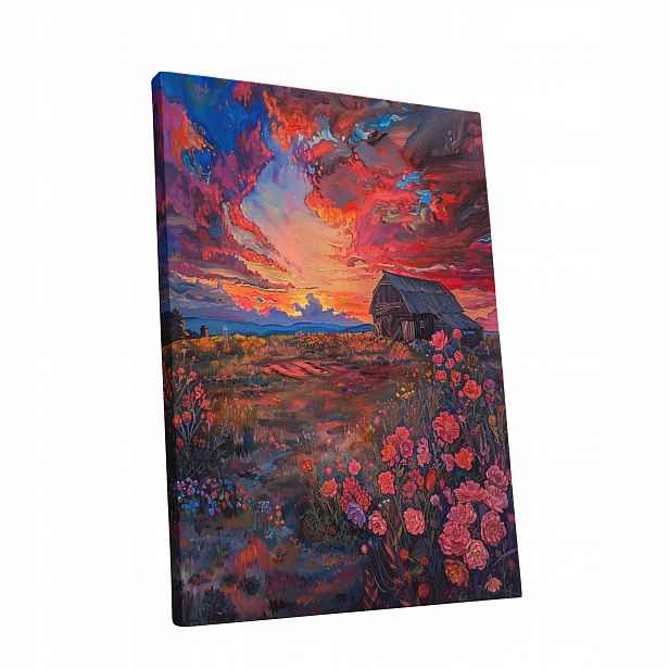 Obraz na plátně Západ Slunce, květiny, krajina – obraz do bytu, pokoje, obýváku 60x80 cm