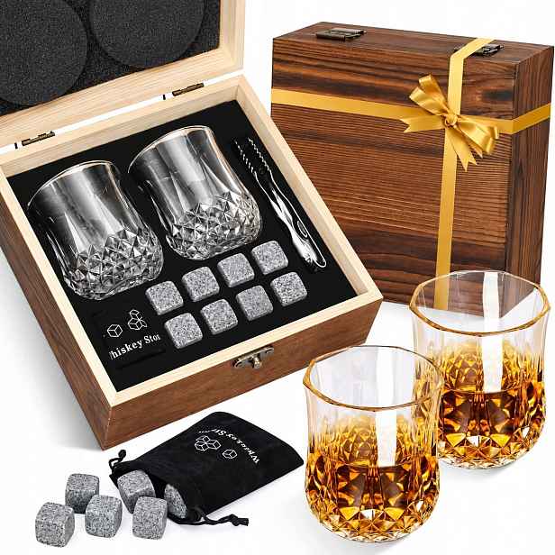 Sada na whisky 2 sklenice 8 chladicích kamenů dřevěná krabička