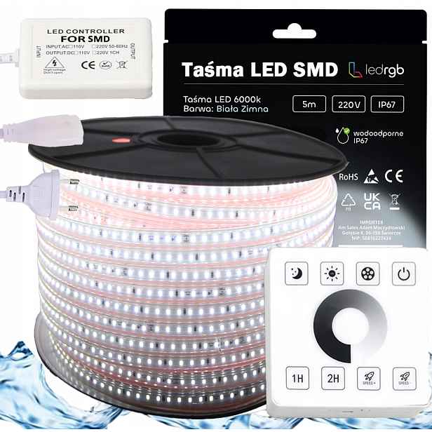 Set Led pásek Smd 230V 5m 6000K Bílý Studený Stmívač Dálkový Ovladač Rádiový