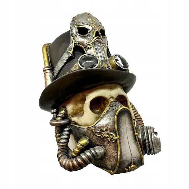 Lebka ve stylu steampunku s plynovou maskou a válcem – skull 17,5 cm
