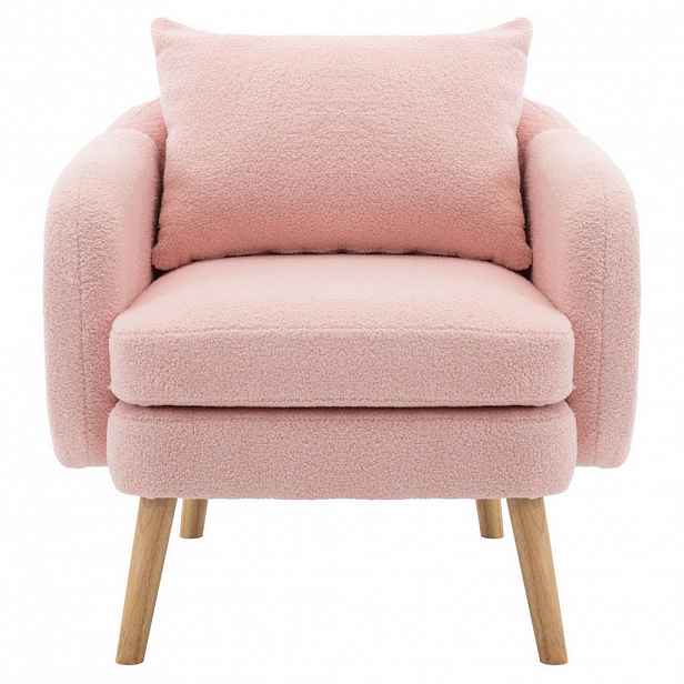 OKWISH KŘESLO 71/72/71 cm růžové z imitace beránčí kůže sametu s polštářem a silným sedákem