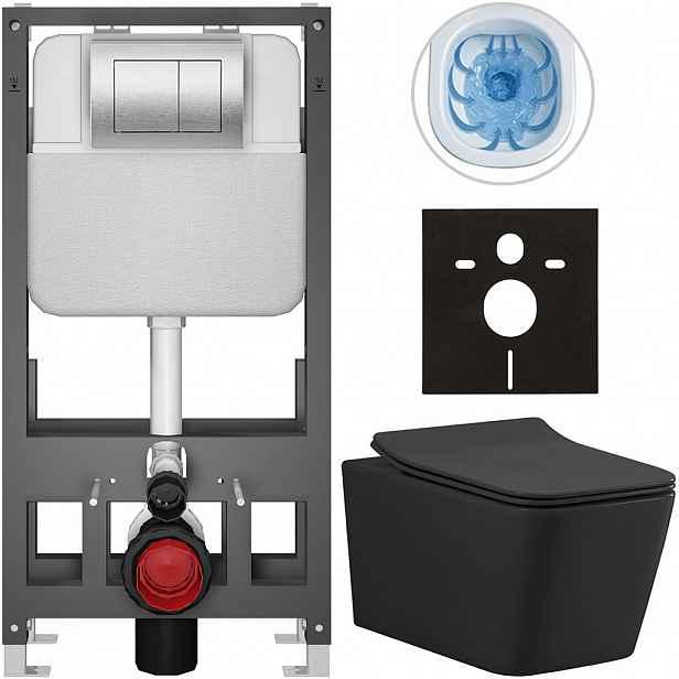 Kompletní WC set Basic/Forte - černá matná - WC tlačítko Maxio/Stříbrná - volně stojící - předstěnová instalace - 51x36 cm