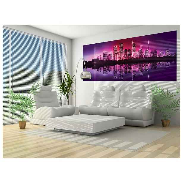 Vliesová fototapeta Město ve fialové a růžové barvě západ slunce 250x104 lepidlo