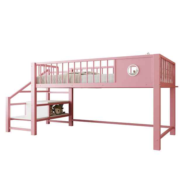 Modenvie VYSOKÁ postel, 90/200 cm, kov/MDF, růžová, se žebříkem a úložným prostorem