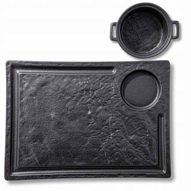 Set Na Steak Talíř 32,5x23 cm a omáčník 10,5x3,7 cm Černý Porcelán