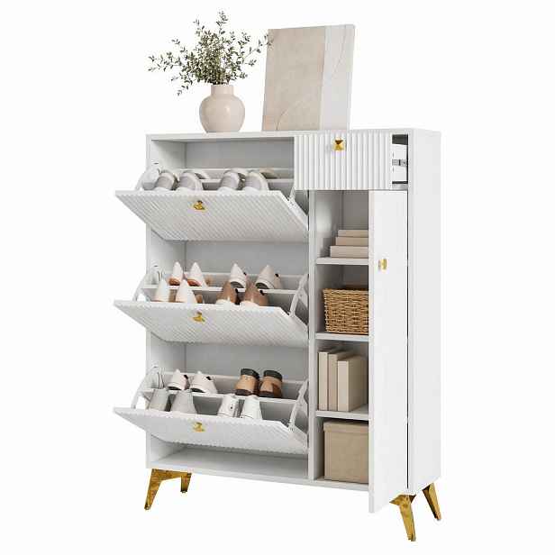 STILVORA SKŘÍŇ NA BOTY v bílé barvě se 3 výklopnými přihrádkami a zásuvkou, do vstupní haly a předsíně, 90 × 25 × 121 cm