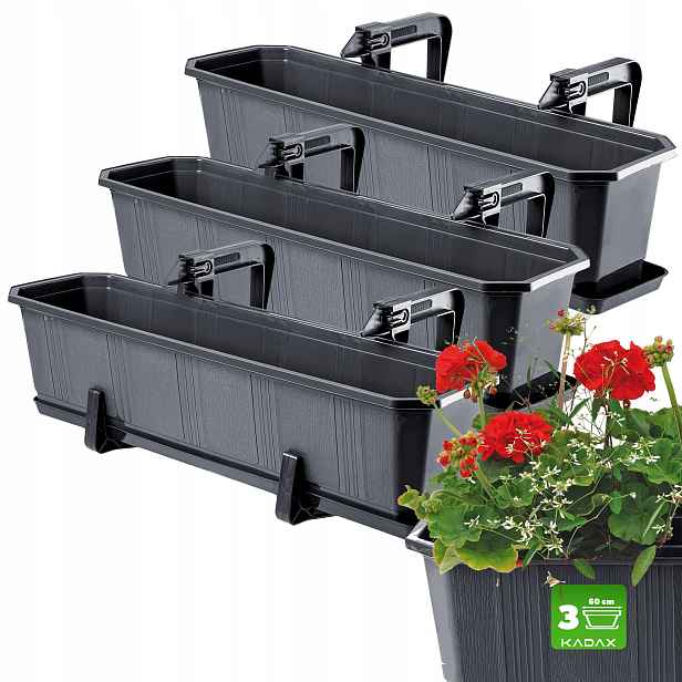 Balkonový Truhlík 60 cm Květináč Květináč Podstavec Rukojeti 3 ks