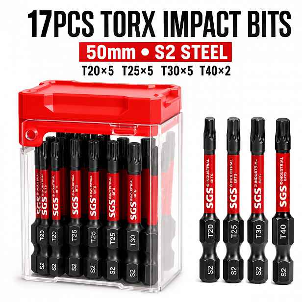 TEMU Sada 17ks 50mm magnetických Torx nástrčných bitů pro rázový šroubovák, T20 T25 T30 T40 S2 ocel 1/4in šestihranné šroubovací bity s úložným