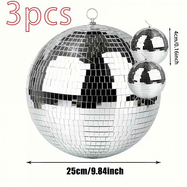 TEMU Zrcadlová diskotéková koule 3 ks, 15 cm velká + 5 cm malá reflexní třpytivá koule s závěsným kroužkem pro party dekorace, DJ osvětlení, svatbu,