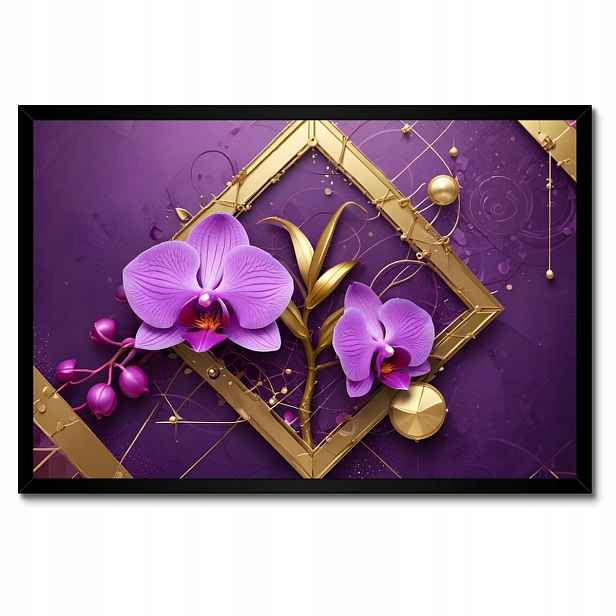 Plakáty v rámu 60x40 Fialové orchideje a zlato