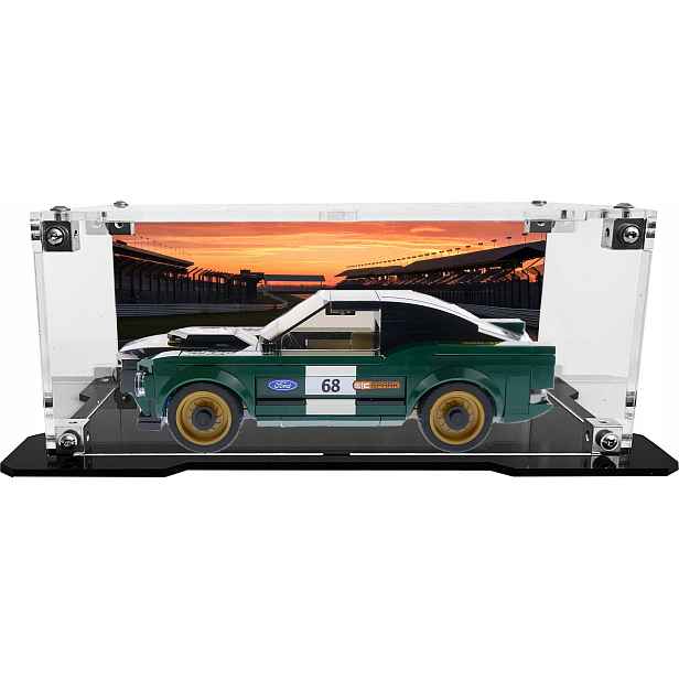 Vitrína s černou základnou a pozadím pro sadu Lego 75884 – Ford Mustang 1968