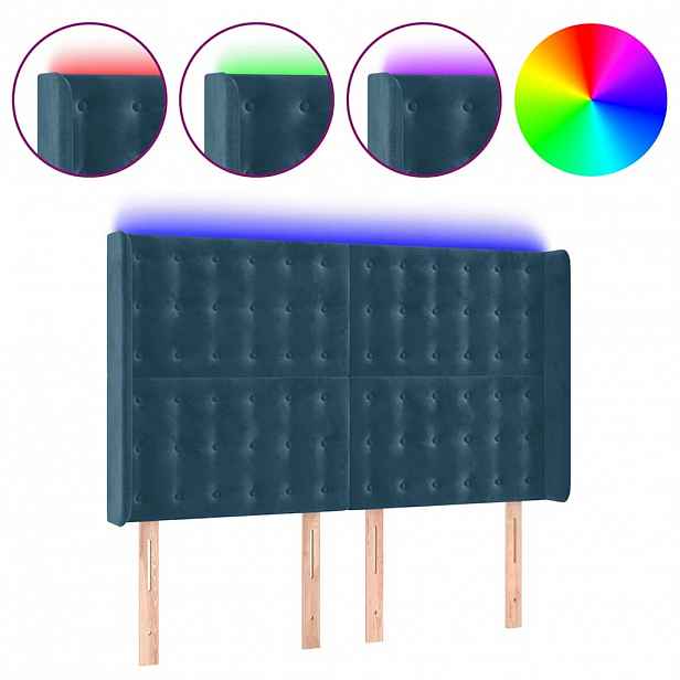 vidaXL Čelo postele s LED tmavě modré 147 x 16 x 118/128 cm samet