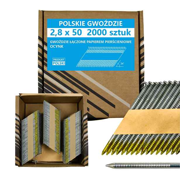 Hřebíky do hřebíkovačky spojované papírem 2,8x50mm 34° 2000ks Pozink 3ks