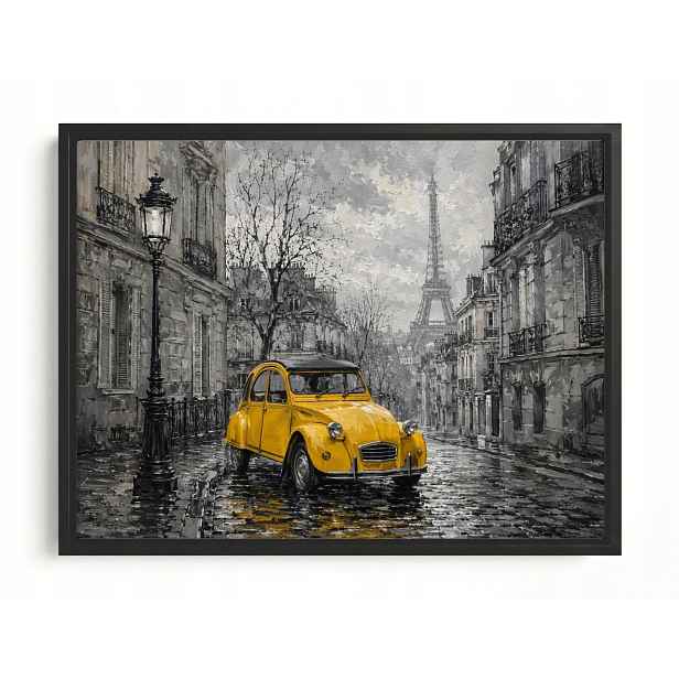 Obraz Rám American Box Město Francie Paříž Ulička Žluté Auto 80x60