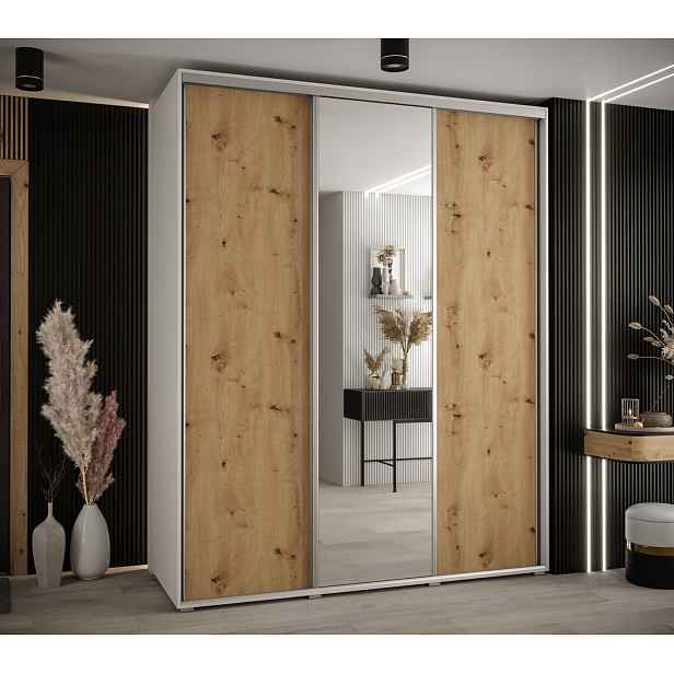 Šatní skříň YVONA 3 - 200/60 cm, bílá / dub artisan / stříbrná