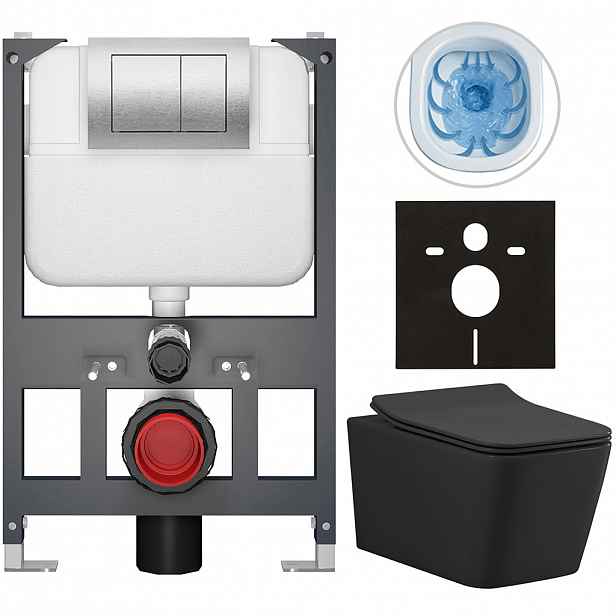 Kompletní WC set Basic/Forte - černá matná - WC tlačítko Maxio/Stříbrná - závěsné - nízký modul - předstěnová instalace - 51x36 cm