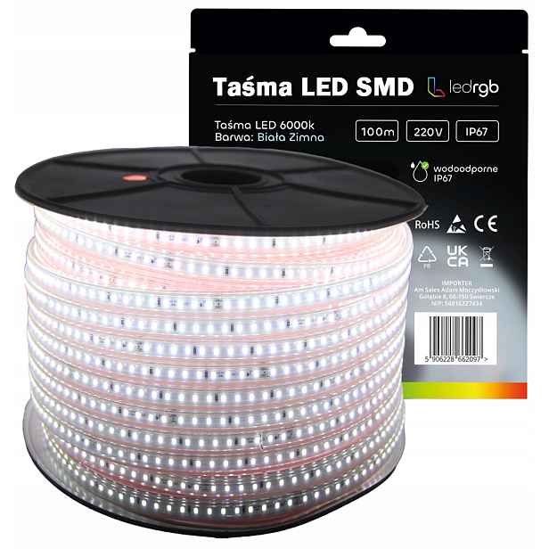 Led pásek Smd 2835 220V 230V 100m 6000K Bílý Studený Voděodolný IP67 10mm