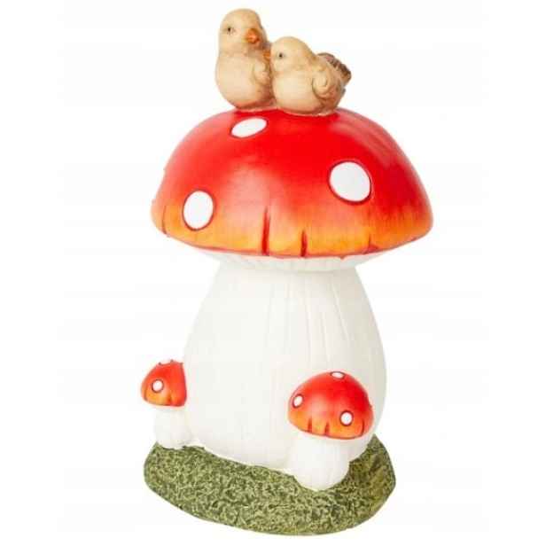 Zahradní figurka houba muchomůrka s ptáčky 31,5 cm
