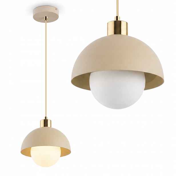 Závěsná lampa jednobarevná polokoule béžová 20 cm se zlatými doplňky a kuličkou
